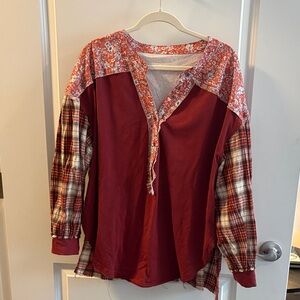 Boutique Red Floral and Plaid Long Sleeve Top